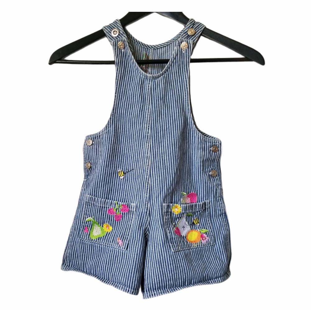Vintage striped denim embroidered overall shorts